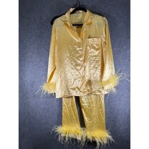 Elegant Yellow Feather Trim Pajama Set